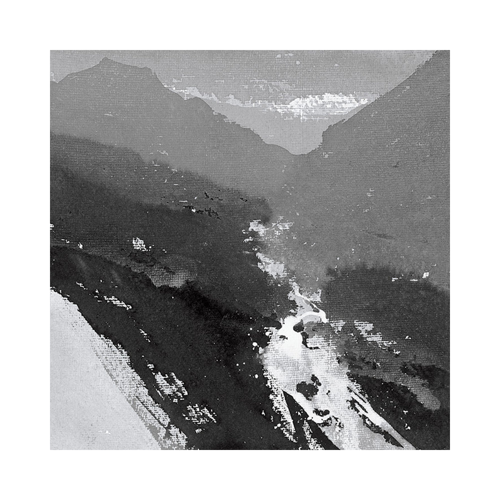 A grayscale painting in our Decor Series depicts a mountainous landscape with distant peaks fading into the horizon. A river winds through the valley below, reflecting light. The premium quality image, Cairndow - David Ross by Blue Dog Posters, has a textured, almost impressionistic feel, with loose brushstrokes and contrasting dark and light areas.