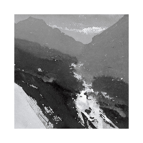 A grayscale painting in our Decor Series depicts a mountainous landscape with distant peaks fading into the horizon. A river winds through the valley below, reflecting light. The premium quality image, Cairndow - David Ross by Blue Dog Posters, has a textured, almost impressionistic feel, with loose brushstrokes and contrasting dark and light areas.