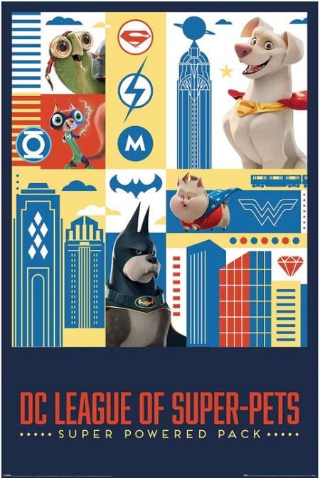 Vibrant promotional poster for "DC League of Super Pets," part of our Movies & TV Collection from KID 049. Showcases illustrated buildings, iconic superhero logos, and animated characters including a Batman-like dog, a Superman-like dog, a turtle, a pig, and a squirrel.
