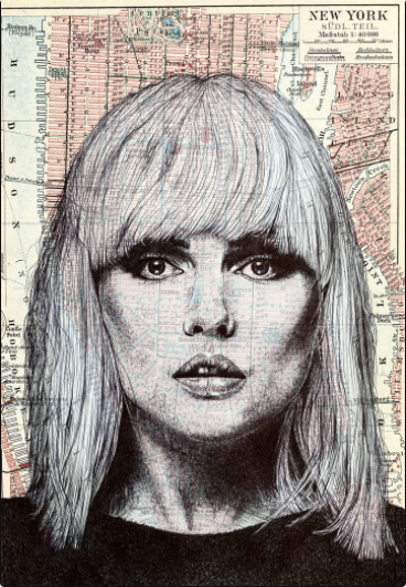 A portrait of a woman with straight, light-colored hair and blunt bangs set against an old, detailed map of New York. This art print, "Debbie Harry by The Art of the North" from fap, combines dark, detailed lines for the portrait with the faded, intricate lines of the map in the background on 250gsm satin paper.