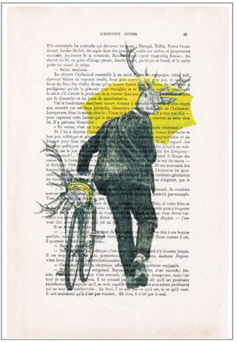 A figure with a deer head, wearing a jacket and trousers, walks away while holding an object resembling a large loop or hoop. The background features pages from antique French books, with parts highlighted in yellow. Some antlers are also drawn around and on the figure, creating unique prints. This is the **ABP Antique Book Print 15 x 21cm Deer Bike**.