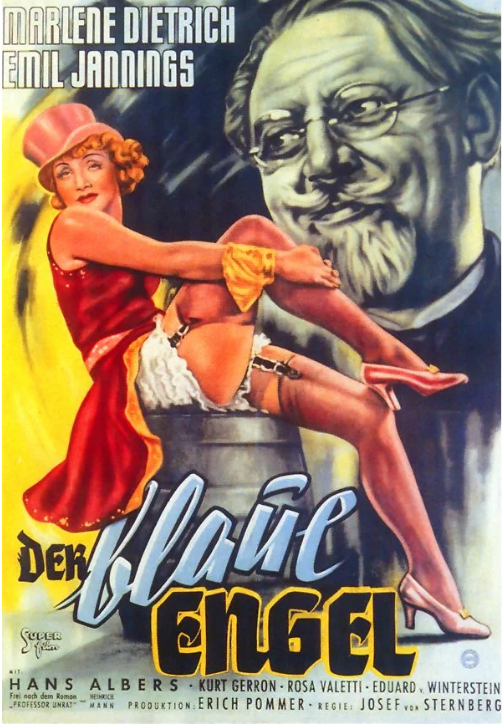 A colorful vintage movie poster in German, featuring a woman in a red outfit and pink hat with her legs prominently displayed. An older man with glasses and a beard appears in the background. The title reads "Der blaue Engel," with other text below for cast and crew. This Der Blau Engel by Blue Dog Posters is printed on premium 150gsm gloss paper.