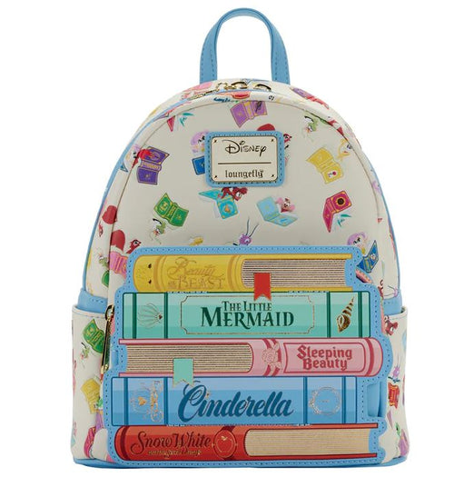 A Disney Princess Books Mini Backpack by Blue Dog Posters featuring designs from classic tales, including "The Little Mermaid," "Sleeping Beauty," "Cinderella," and "Snow White." The backpack showcases pastel colors and charming illustrations of books and beloved Disney characters.