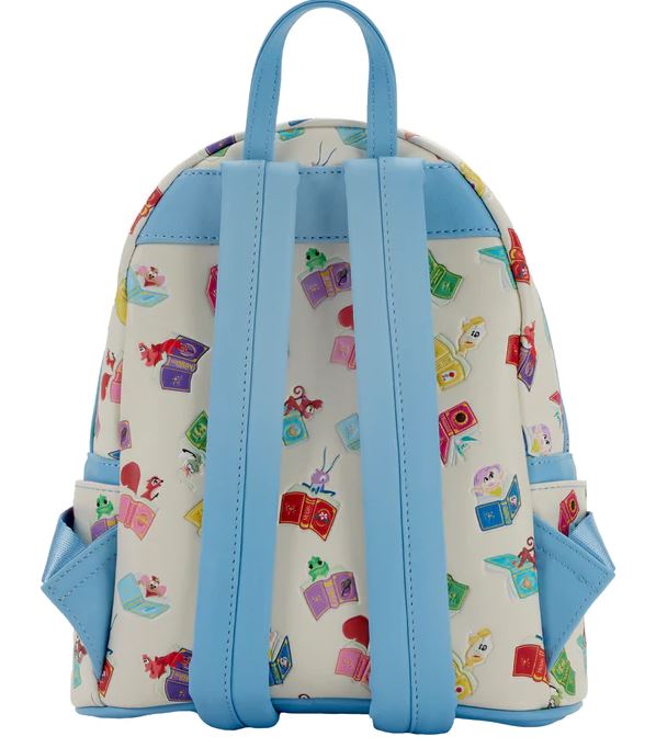 The Disney Princess Books Mini Backpack by Blue Dog Posters is a white mini backpack featuring light blue straps and trim. Its surface is decorated with vibrant, cartoonish book designs inspired by classic Disney Princess tales. The backpack includes side pockets on both sides, also trimmed in light blue, exuding a playful and lively charm.