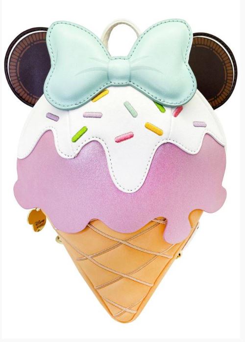 Introducing the Disney Minnie Ice Cream Backpack from Blue Dog Posters—a Loungefly backpack shaped like an ice cream cone with a delightful pink and white ice cream scoop design adorned with colorful sprinkles. Topped off with a large mint green bow and iconic mouse ears, this bag perfectly captures the charm of Minnie Mouse. The waffle cone base adds that signature Disney touch.