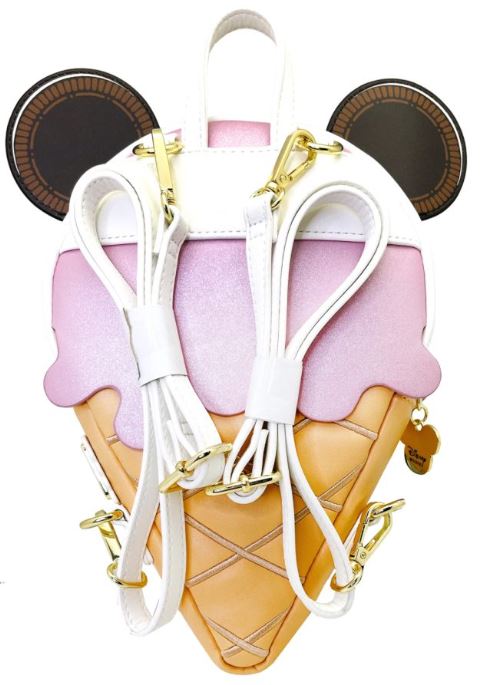 The Disney Minnie Ice Cream Backpack by Blue Dog Posters is stylishly shaped like an ice cream cone with two scoops, one pink and one white. It features brown circle accents resembling ears, reminiscent of a Disney favorite, and boasts a textured cone design at the bottom. The backpack includes white straps with gold hardware.