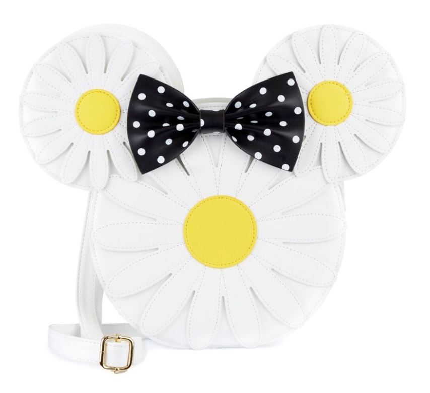 Introducing the Disney Minnie Mouse Daisies Crossbody Bag by Blue Dog Posters: This white, circular handbag is designed to resemble a daisy with yellow centers. It features two smaller circles on top that look like ears, and a black bow with white polka dots in the center. Made from high-quality vegan leather, it comes with a white strap that has a gold buckle. This stylish accessory is officially licensed by Disney.