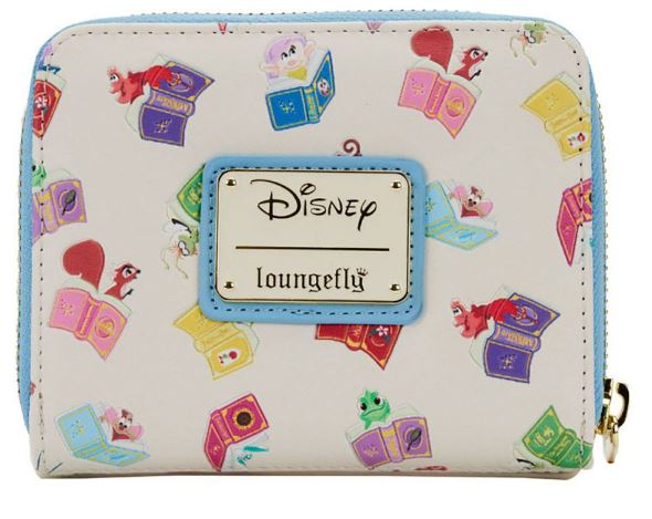 Introducing the Disney Princess Books Zip Purse by Blue Dog Posters, a charming white Loungefly wallet adorned with colorful illustrations of playful squirrels popping out of books. Made from vegan leather, this accessory features a blue border and a square plaque with "Disney Loungefly" written on it. The gold zipper adds a touch of elegance, making it a perfect addition to your collection of Disney Princess accessories.
