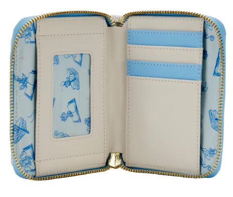 Introducing the Disney Princess Books Zip Purse by Blue Dog Posters: a small, open vegan leather wallet with a gold zipper. The interior showcases several light blue card slots on the right, a clear ID slot on the left, and is lined with patterned fabric featuring charming blue illustrations of books, ribbons, and writing quills. It's perfect for any fan of Disney Princesses accessories!