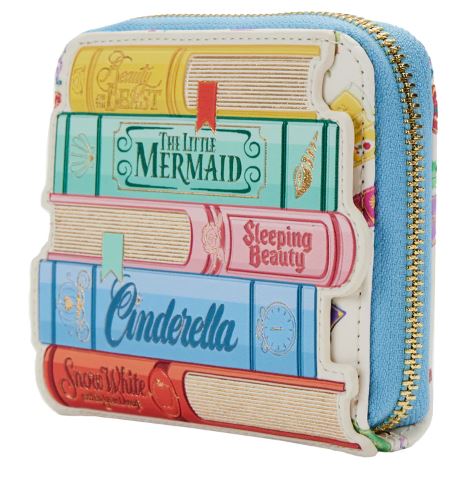 Introducing the Disney Princess Books Zip Purse by Blue Dog Posters—a vibrant vegan leather wallet crafted to resemble a stack of beloved classic storybooks. The spines showcase iconic titles like "The Little Mermaid," "Sleeping Beauty," "Cinderella," and "Snow White." Ideal for collectors of Disney Princess accessories, it features a stylish blue zippered edge.
