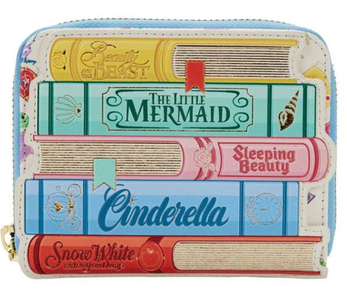 The Blue Dog Posters' Disney Princess Books Zip Purse is a vibrant vegan leather wallet crafted to resemble a stack of classic fairy tale books. It showcases titles such as "Beauty and the Beast," "The Little Mermaid," "Sleeping Beauty," "Cinderella," and "Snow White and the Seven Dwarfs" in elegant fonts, making it an ideal accessory for fans of Disney Princesses.
