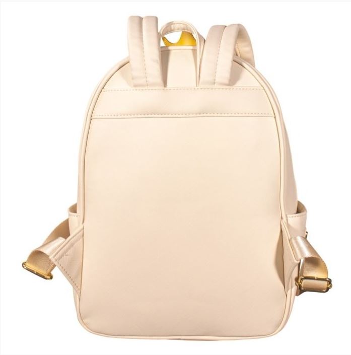 The Disney Princess Layer Cake Mini Backpack by Blue Dog Posters is a beige mini backpack with a sleek, minimalist design. It features two adjustable shoulder straps and side pockets. The top has a gold-colored zipper and small handle. Perfect for fans of Loungefly or Disney Princesses, it's both stylish and functional.