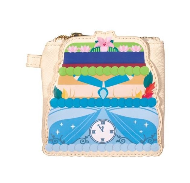 This image showcases the Disney Princess Layer Cake Mini Backpack by Blue Dog Posters. The compact, square beige pouch features a vibrant and detailed design inspired by Cinderella. Adorned with motifs such as the clock striking midnight, various colorful layers, and a blue dress reminiscent of a themed cake or decoration, it brings to mind the enchanting aesthetic typical of Loungefly mini backpacks.