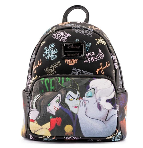 The Disney Villains Club Mini Backpack by Blue Dog Posters is a black faux leather mini backpack adorned with illustrations of Disney villains Cruella de Vil, Maleficent, and Ursula. This stylish accessory features colorful text and graphics, showcasing various villainous phrases and doodles across its surface.