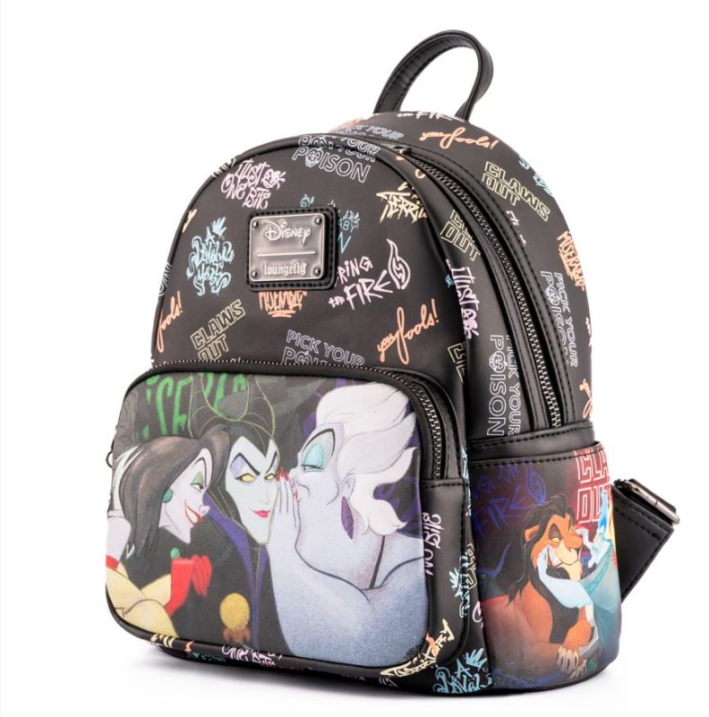 A black Disney Villains Club Mini Backpack by Blue Dog Posters, made from faux leather and labeled with "Loungefly." This backpack showcases a vibrant design on the front pocket, featuring colorful text patterns and graphic images of characters like Cruella de Vil, Maleficent, Ursula, and Scar.