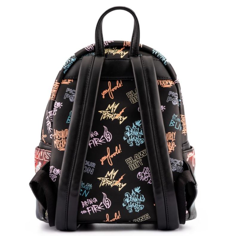 A black, faux leather Disney Villains Club Mini Backpack by Blue Dog Posters featuring a colorful, graffiti-style pattern with phrases like "Clumsy Out" and "Burning Fire." The Loungefly bag includes adjustable shoulder straps and a top handle.