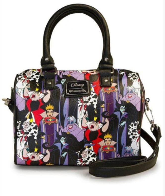The Disney Villains Mini Duffle Crossbody by Blue Dog Posters showcases a range of iconic Disney villains such as Cruella de Vil, the Queen of Hearts, Maleficent, Ursula, and the Evil Queen. Crafted from vegan leather, this mini duffle bag features black handles, a detachable shoulder strap, and proudly displays the "Disney Villains" logo on the front.