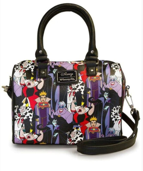 The Disney Villains Mini Duffle Crossbody by Blue Dog Posters showcases a range of iconic Disney villains such as Cruella de Vil, the Queen of Hearts, Maleficent, Ursula, and the Evil Queen. Crafted from vegan leather, this mini duffle bag features black handles, a detachable shoulder strap, and proudly displays the "Disney Villains" logo on the front.