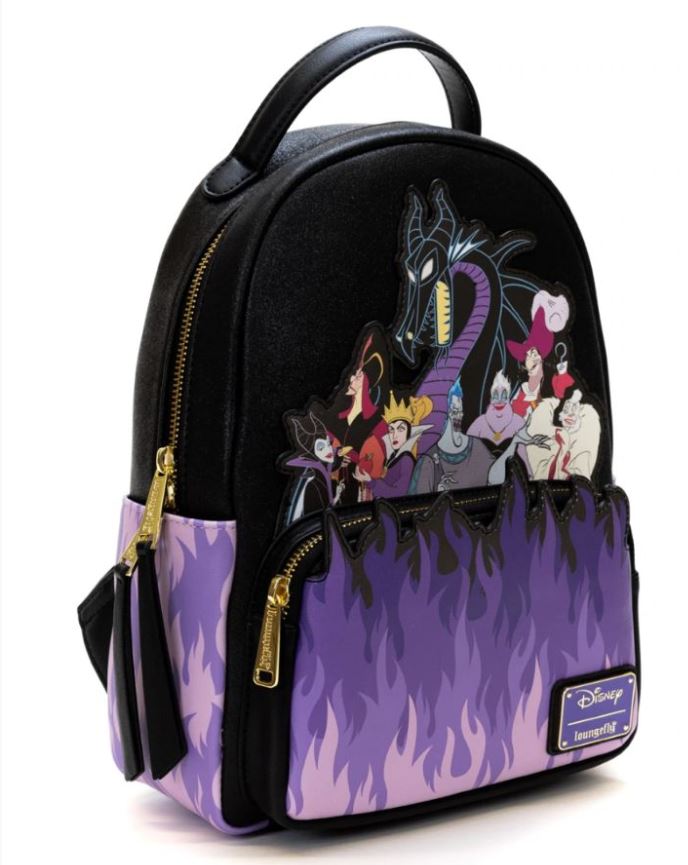 The Black and Purple Disney Villains Mini Backpack by Blue Dog Posters features various villains, including Maleficent in dragon form, Ursula, Jafar, Hades, Cruella de Vil, The Evil Queen, and the Queen of Hearts. The bottom half showcases purple flames with a blue "Disney Loungefly" logo on the front pocket.