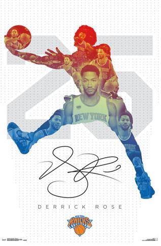 Part of the Sport Collection, the NBA - D Rose NY Knicks Poster from SPO 065 features stylized action shots of Derrick Rose. An overlay silhouette of him in a jumping pose is at the forefront, with his autograph and the New York Knicks logo at the bottom. Printed on premium 150gsm gloss paper, the number 25 is prominently displayed in the background.