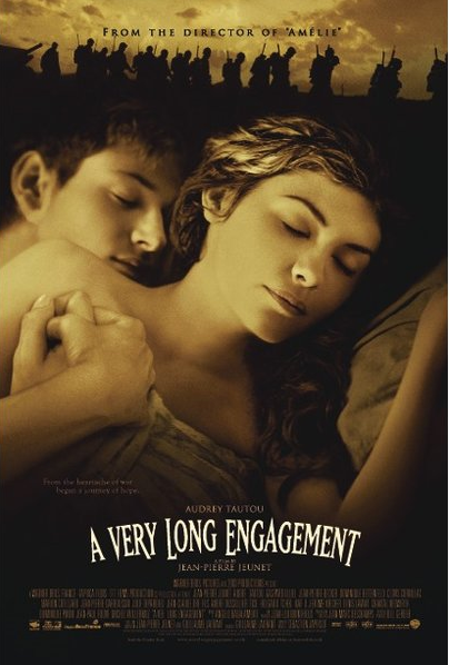 The movie poster for "A Very Long Engagement" features an intimate embrace between a man and a woman lying down, with silhouetted soldiers against a dawn sky above them. This "A Very Long Engagement" classic poster by IMP 102 is printed on premium 150gsm gloss paper, making it an extra-large import poster that stands out. The title and credits are displayed at the bottom.