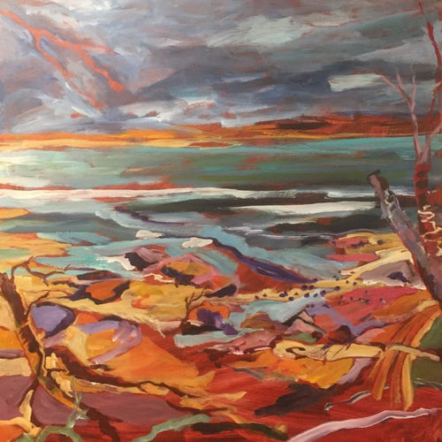 Experience the dramatic seascape of "Erosion 3" by Christine Read. Part of MEZ's exclusive Artist Series, this abstract landscape painting features vibrant colors and swirling lines that convey movement and energy against a turbulent sky above a colorful shoreline.