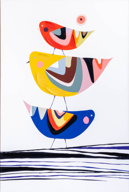 A colorful, abstract art print called "Family Tree by Rachel Lee" from fap features four stylized birds stacked on top of each other. Each bird showcases vibrant hues, including red, yellow, blue, and pink, with dynamic patterns. They stand on a set of black horizontal lines against a white background; part of the Featured Artists Collection.