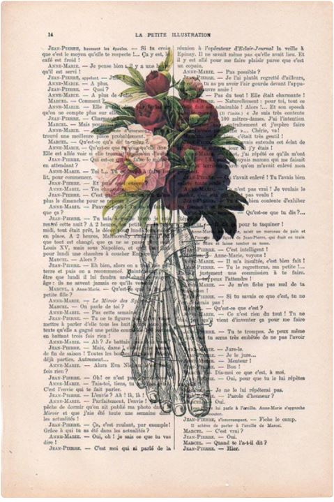 Introducing the ABP Antique Book print (15 x 21cm) Feet Peony: a vintage book page from an antique French book, featuring text in French. Overlaid on this classic page is a stunning anatomical illustration of a skeleton hand holding a bouquet of red, pink, and white flowers with lush green leaves. This unique design seamlessly blends scientific and artistic elements.