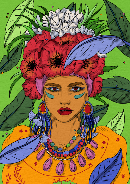 Anya Shcherban - Flower Crown by GAL182: A woman with a floral headdress of red and white flowers surrounded by leaves, blue facial markings, orange clothing with red designs, and vibrant bead jewelry. Ideal for the Featured Artists Collection on matte art paper.