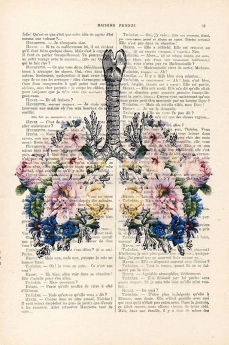 The "Antique Book print 15x21cm Flower Lungs" by fap features a delicate and artistic overlay of lungs on a backdrop of antique French books. The intricate lung structure is adorned with floral patterns in shades of pink, blue, and yellow, interwoven with greenery—truly an epitome of illustrated design.