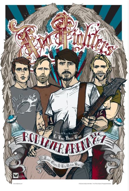 Rhys Cooper's illustrated concert poster showcases the Foo Fighters' four band members with guitars, drums, and angel wings in the background. The text on the poster announces: "Foo Fighters, In Your Honor Tour, Rod Laver Arena, Dec 6 & 7." A bottom banner highlights supporting acts Elvis Perkins and The Million Dollar Quartet. This piece is a limited edition print titled Foo Fighters Melbourne Limited Edition by TAP.