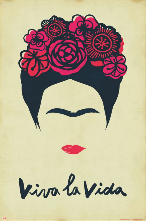 Minimalistic illustration featuring a woman's head with vibrant red and pink flowers on her hair, prominent eyebrows, and red lips. Below is the text "Frida Kahlo Collage Viva La Vida" in expressive, hand-painted style. The background is off-white with light texture. Branded by IMP.