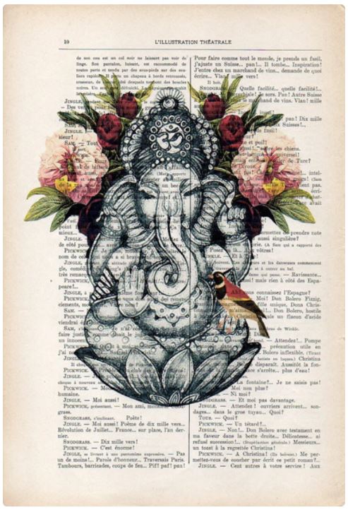 An artistic depiction of the Hindu deity Ganesha, superimposed on a vintage French text page from antique French books. The unique print features Ganesha seated with floral and bird embellishments around him, blending traditional iconography with botanical elements. This is the Antique Book print 29 x 19cm Ganesha by ABP.