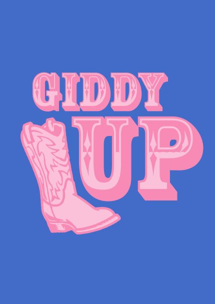 Discover the "Giddy up A5 print" by Blue Dog Posters, showcasing a vibrant graphic of a pink cowboy boot and the bold phrase "Giddy Up" in pink letters. Set against a blue background, this design merges a western theme with playful, energetic text style. Ideal for mini prints or as part of the Little Art series, it fits perfectly in A5 frames.