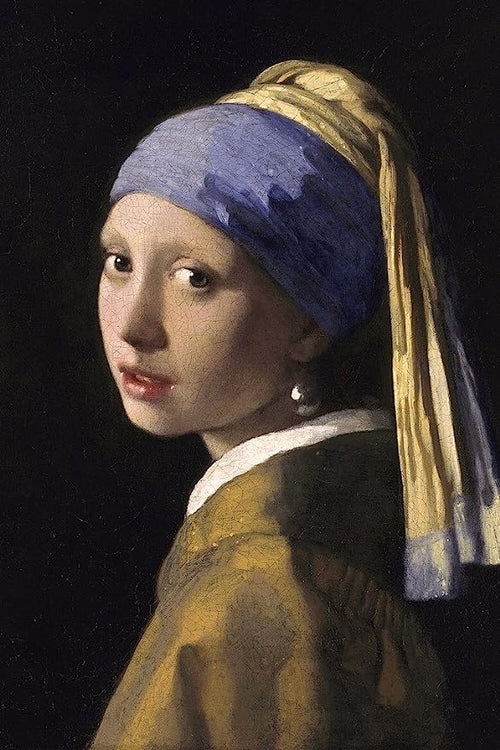 The MEZ 114 Girl With A Pearl Earring features a painted portrait of a young girl wearing a blue and yellow headscarf, with a large pearl earring in her left ear. She turns her gaze toward the viewer, posing against a dark background. Her expression is serene, and her clothing is earthy in color. Printed on premium 150gsm gloss paper.
