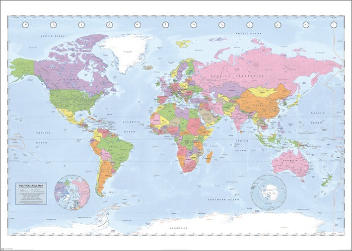 A Blue Dog Posters Political World Map displays the countries in different colors. Major oceans and seas are labeled, and the map includes latitude and longitude lines. Insets of the North and South Poles are shown at the bottom corners. Text and borders are visible throughout, making it perfect for any educational collection.