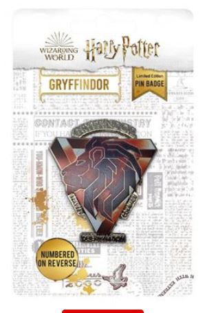 Image of a Harry Potter Gryffindor Pin Badge by Blue Dog Posters, showcasing the house crest with a lion's head and name. This limited edition pin, part of the Wizarding World series, is individually numbered and comes in packaging decorated with magical newspaper designs.
