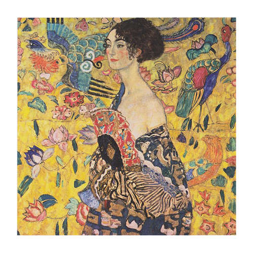 A colorful painting depicts a woman with dark hair in an ornate robe holding a detailed hand fan. The background consists of vibrant peacocks, flowers, and intricate patterns in bright hues of yellow, blue, red, and green. Available as the Gustav Klimt Dame Mit Facher by MEZ 125 on premium 220gsm matte art paper.