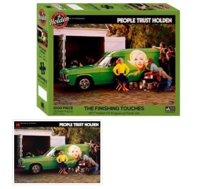 The Holden Finishing Touches 1000 Pc Puzzle from Blue Dog Posters features a vintage photograph with a green Holden van. Several people, including a blonde woman and a man in a yellow shirt, pose around the van. The box is titled "People Trust Holden" and "The Finishing Touches," containing 1000 pieces.