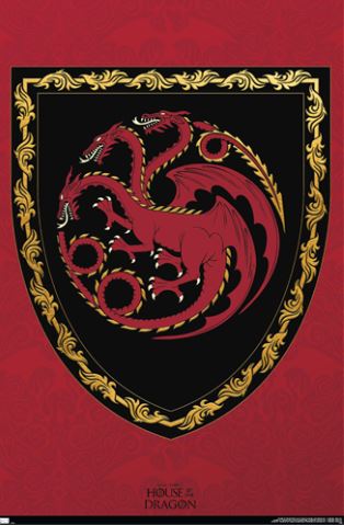 The MTV 010 "House of the Dragon Shield" showcases a heraldic design with a red three-headed dragon adorned with black and gold details on a black backdrop. The shield, reminiscent of a TV show poster, is elegantly outlined in gold and features an ornate floral border set against a red background. At the bottom, the text proudly reads "House of the Dragon.