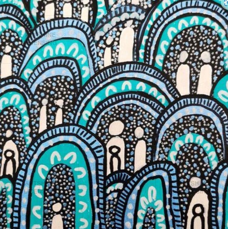 Julianne Wade's vibrant abstract artwork, Humpies, available from Blue Dog Posters as an art print on matte art paper, features multiple arch shapes filled with intricate patterns. Predominantly in shades of blue and black with white and teal accents, the design includes numerous small white dots and larger stylized human figures.