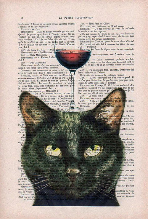 The ABP Antique Book Print 15 x 21cm Cat Wine features a unique design with a black cat's head superimposed on an old page from antique French books. Above the cat's head, a silhouette of a glass of red wine aligns with its ears, creating the illusion that the glass is part of the cat's head. This gorgeous print offers a captivating blend of whimsy and elegance.
