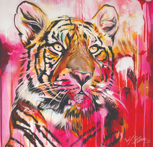 Vibrant painting of a tiger, highlighting its face and piercing eyes. This premium quality Art Print titled "Inner Belief" by Heylie Morris from MEZ 511 uses bold, dynamic colors such as pink, red, and orange, with splashes of white, creating a striking and modern depiction of the majestic animal.