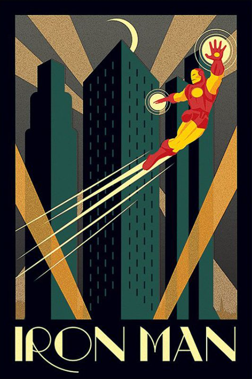 Art Deco-style illustration of Iron Man flying amidst skyscrapers at night. The background features a crescent moon, tall buildings, and angled light beams. Perfect for the MTV 040 Iron Man - Art Deco collection, the text "IRON MAN" is displayed at the bottom in a stylized font.