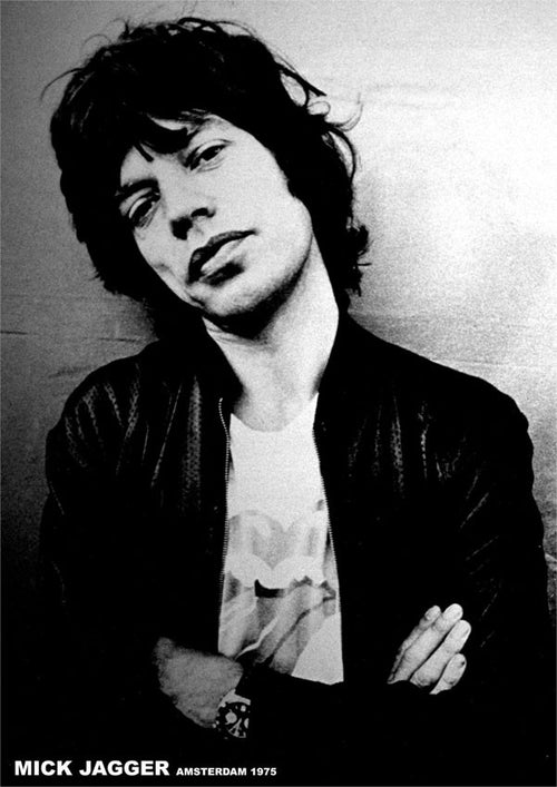 Black-and-white photo of Mick Jagger with dark, medium-length hair, arms crossed and head tilted. A classic MUS Rock Poster for any music collection. Text: "MICK JAGGER AMSTERDAM 1975.