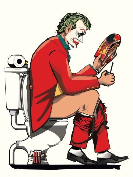 The Joker on the Toilet A5 by Wyatt9 from the brand fap features a digitally illustrated character with green hair, white face makeup, a red suit, and clown shoes sitting on a toilet. The character is engrossed in reading a comic book with pants around their ankles and holding a cigarette, while a toilet paper roll is nearby—an ideal addition to the Little Art series mini prints.