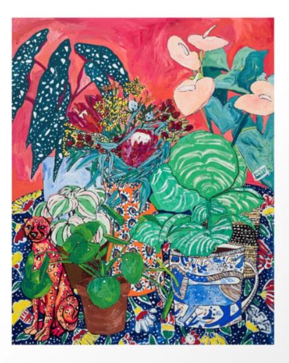 Jungle of House Plants by Lara Lee Meintjes showcases a vibrant painting featuring various leafy plants in detailed, decorative pots on a patterned, colorful tablecloth. The backdrop is adorned with a bright red wall, green spotted leaves, and pink anthurium flowers. Available as part of the stunning Art Print collection from Blue Dog Posters' Gallery Series.