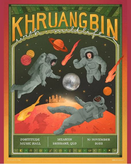 The "Khrangbin Brisbane" concert poster by Blue Dog Posters is printed on premium quality Matte Art Paper and showcases three astronauts floating in space surrounded by planets, comets, and a disco ball. The top of the poster features the text "Khruangbin with Mildlife," while the bottom includes venue and date details: Fortitude Music Hall, Meanjin Brisbane, QLD, 30 November 2022.
