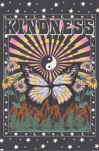 The "Kindness" poster from the ART 064 Life & Humour Collection features high-quality printing with the word "KINDNESS" at the top. At its center, a large butterfly and a yin-yang symbol are surrounded by stars, crescent moons, flowers, and colorful sun rays against a backdrop of mountains and a starry sky—making it the perfect motivational poster.