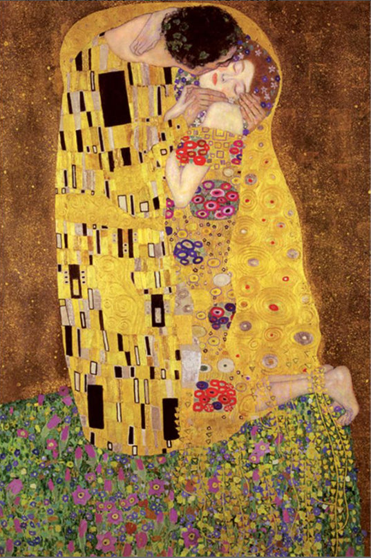 A painting by Gustav Klimt titled "The Kiss," depicting a couple embracing, enveloped in elaborate gold and patterned robes. The background is filled with shimmering gold, and the couple stands on a field of colorful flowers. The woman kneels while the man leans over to kiss her is available as **The Kiss** by **IMP**.